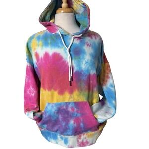Tie Dye Boyfriend Fit Hooded Pullover Sweatshirt Vibrant Rainbow Small